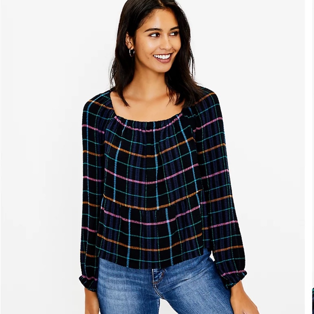 NWT Loft Plaid Square Neck Peplum Blouse